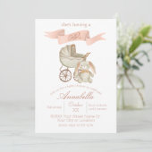 Vintage Baby Carriage und Bunny Baby Girl Einladung (Stehend Vorderseite)