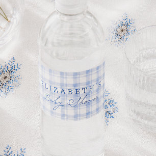 Vintage Baby-Duschparty im Blau-Gingham-Look Wasserflaschenetikett