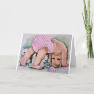 Vintage Baby Girl Playing With Kittens Note Card Karte