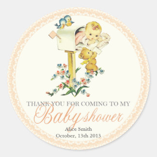 Vintage-Baby-Mädchen-in-Briefe-Karton-Baby-Show-Fa Runder Aufkleber