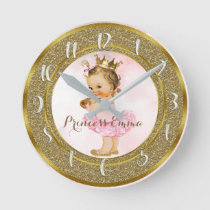 Vintage Baby Mädchen Rosa & Gold Personalisiertes  Runde Wanduhr