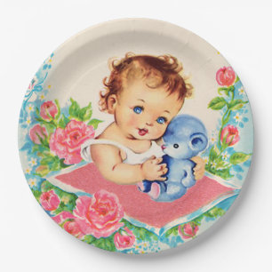Vintage Baby Mädchen und Rosen Baby Shower Teller