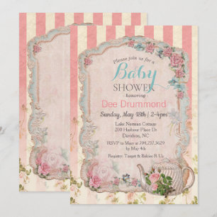 Vintage-Baby-Party-Blumentee-Einladung Einladung