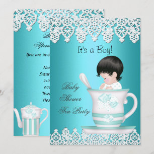 Vintage-Baby-Party Junge Teal Baby Teetasse Spitze Einladung