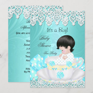 Vintage-Baby-Party Junge Teal Baby Teetasse Spitze Einladung