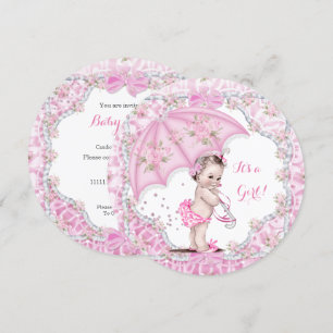 Vintage-Baby-Party Mädchen Blumen Rosa Regenschirm Einladung