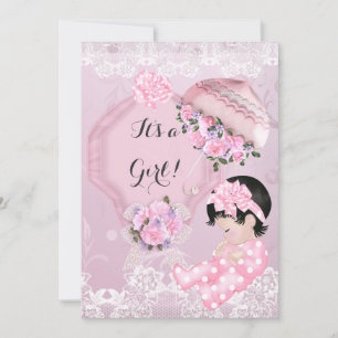 Vintage-Baby-Party Mädchen Rosa Sonnenschirm Rosen Einladung