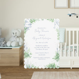 Vintage Baby-Party mit blauer Flora und Muschelran Einladung