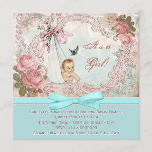 Vintage Baby-Party mit Rosa und Türkis Einladung