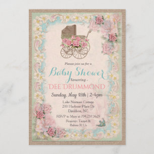 Vintage-Baby-Shower-Kinderwagen-Blumen-Einladung Einladung