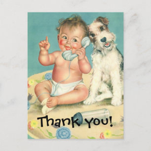 Vintage Baby Talking on Phone Puppy Thank You Postkarte