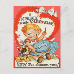 Vintage Baby & Welpe beim Sticken eines Valentinsg Feiertagspostkarte