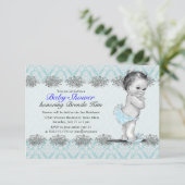 Vintage Babydusche Blauer Einladung (Stehend Vorderseite)