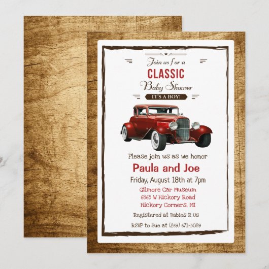 Vintage Babydusche für klassische Autos - Einladun Einladung (Vorne/Hinten)