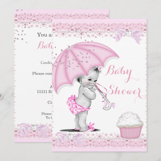 Vintage Babydusche Girl Rosa Regenschirm Cupcake Einladung (Vorne/Hinten)