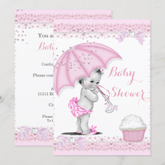Vintage Babydusche Girl Rosa Regenschirm Cupcake Einladung