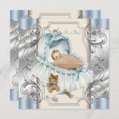 Vintage Babydusche in Beige und Blau Einladung (Vorne/Hinten)