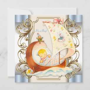 Vintage Babydusche in Beige und Blau Einladung