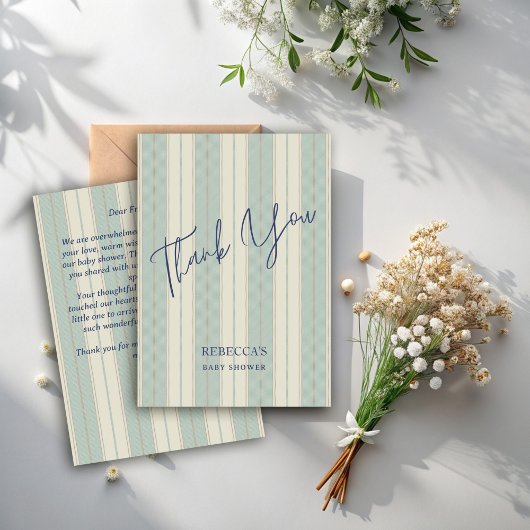 Vintage Babydusche mit dunkelblauen Retrostreifen Dankeskarte