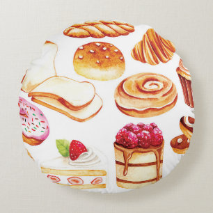 Vintage Bäckerei und Konditorei im Wasserfarbstil Rundes Kissen