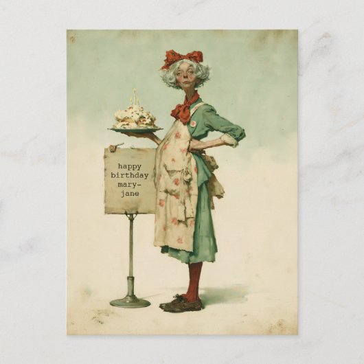 Vintage Bäckerin mit Geburtstagskuchen Postkarte (Vorderseite)