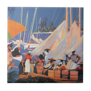 Vintage Bahamas Reise Kunst, Fliege nach Nassau mi Fliese