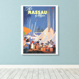 Vintage-Bahamas-Reise-Kunst, Fliege nach Nassau mi Leinwanddruck