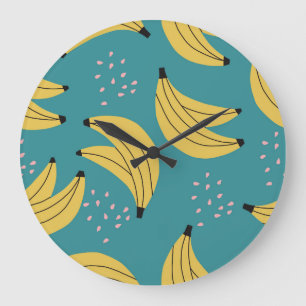 Vintage-Bananenmuster, blauer Hintergrund. Große Wanduhr