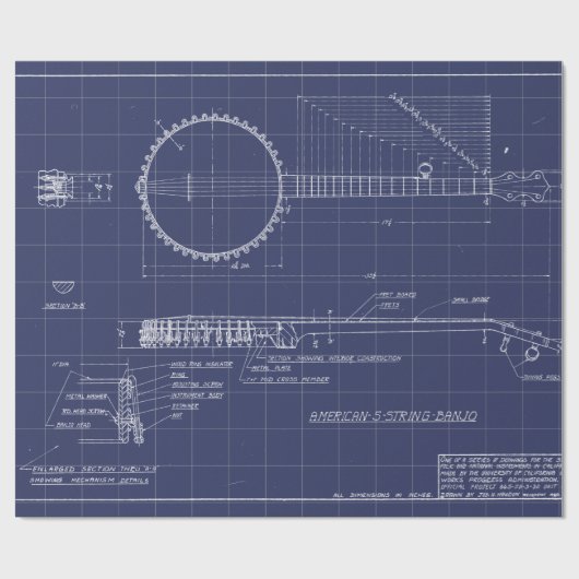 Vintage Banjo-Blueprints Geschenkpapier (Flach)