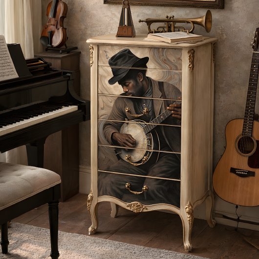 Vintage Banjo Musician w/ Swirling Notes Decoupage Seidenpapier