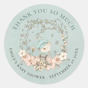 Vintage-Bär-Blumen-Danke-Schön-Grün-Baby-Party Runder Aufkleber