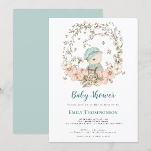 Vintage Bär Foliage Enteneiblau Babyparty Einladung