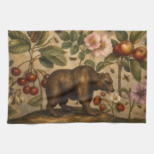 Vintage-Bär und botanische Ölmalerei aus Obstgärte Geschirrtuch