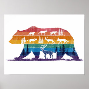 Vintage-Bär-Wildnis – Retro-Waldsilhouette Poster