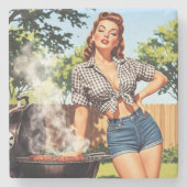 Vintage-Barbecue-Pin-up Steinuntersetzer (Vorderseite)