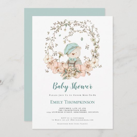 Vintage Bärenblätterung Duckeier Blue Baby Dusche Einladung (Vorne/Hinten)