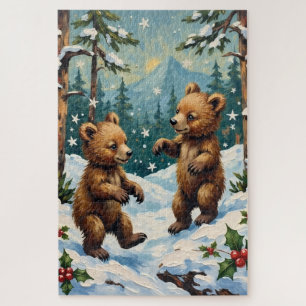 Vintage Bärenjunge spielen im schneebedeckten Weih Puzzle