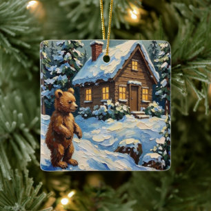 Vintage Bärenjunges an schneebedeckter Weihnachtst Keramikornament