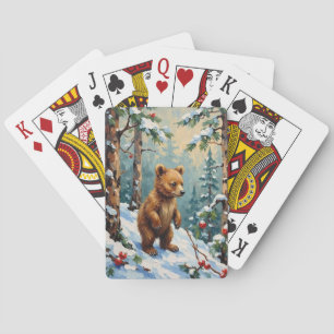 Vintage-Bärenjunges im schneebedeckten Kiefernwald Spielkarten