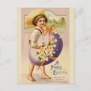 Vintage barfüßiger Junge mit Osterei Postkarte