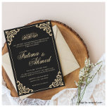 Vintage Barock Black Gold Script Einladung<br><div class="desc">Vintage islamische Hochzeit Shaadi Einladung. Einfache schwarze Farbkarte mit einem klassischen, goldenen Script-Schriftart, der oben geschrieben ist. In der Ecke des Rahmens befindet sich ein barockes Rokoko mit goldenem Blattfiligrane. Arabische Kalligraphie. Sie können die Namen der Braut und des Bräutigams, das Datum der Hochzeitsfeier und die Adresse des Hotels personalisieren....</div>