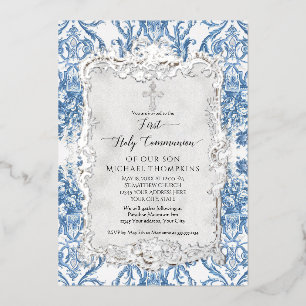 Vintage Barock Blau Weiß Silber Erstkommunion Folieneinladung