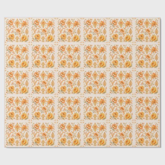 Vintage Barock Blumenmuster – Warm Orange /Gold Geschenkpapier (Flach)