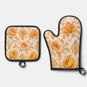 Vintage Barock Blumenmuster – Warm Orange /Gold Ofenhandschuh & Topflappen-Set