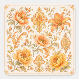 Vintage Barock Blumenmuster – Warm Orange /Gold Quadratischer Aufkleber