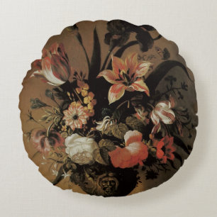 Vintage Barock, Blumenstilleben Blumen im Vasenarr Rundes Kissen