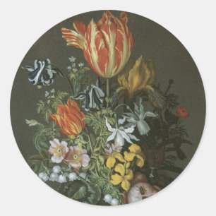 Vintage Barock, Blumenstilleben Blumen in Vase Runder Aufkleber
