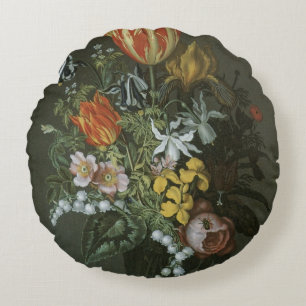 Vintage Barock, Stillleben Blumen in Vase Rundes Kissen