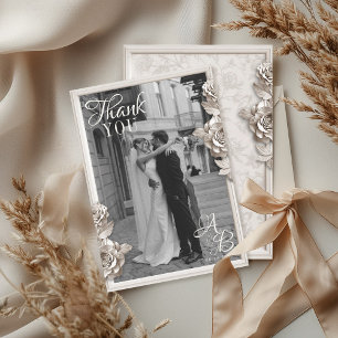Vintage Barocke Blumige Monogramm-Foto-Hochzeit Dankeskarte