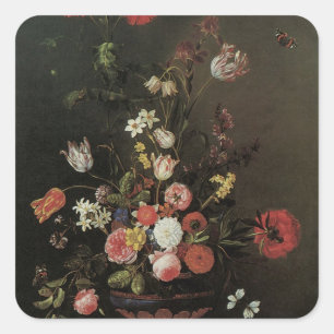Vintage Barocke Blumige Stilleben Blumen in Vasen Quadratischer Aufkleber